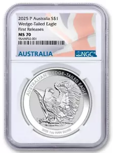 Australia 2025 cola de cuña águila 1 OZ 9999 plata NGC MS70 FR etiqueta bandera JR046 - Imagen 1 de 2