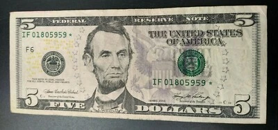 2006 $5 FRN Federal Reserve Star Note Repeat 5959 Serial # Circulated - Image 1 of 2