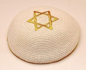 50 x Embroidery White & Gold Magen David Kippahs Hand Made from Jerusalem
