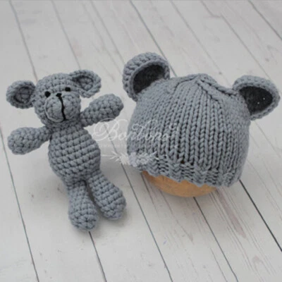 Recién Nacido Estudio Fotografía Accesorios Niños Bebé Tejido a Mano Sombrero Oso Muñeca Traje Foto 1 de 4