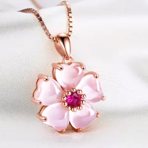 Cute Rose Gold Plated Flower Rose Quartz Gemstone Silver Women Necklace Pendants - Picture 1 of 6