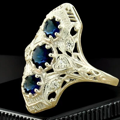 VINTAGE STYLE 925 STERLING SILVER 3 STONE SIMULATED SAPPHIRE FILIGREE RING  1121 - Image 1 of 4