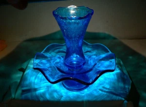 Blaue Glas Vase Kerzenhalter Bonboniere Rauten Design gewellt 2 Stück Vintage - Bild 1 von 12