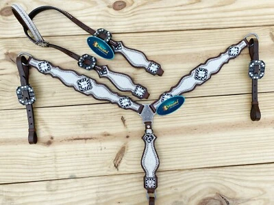 MOUSM Western Leather Headstall and Breast Collar Tack Set for Horses - White - Image 1 of 4