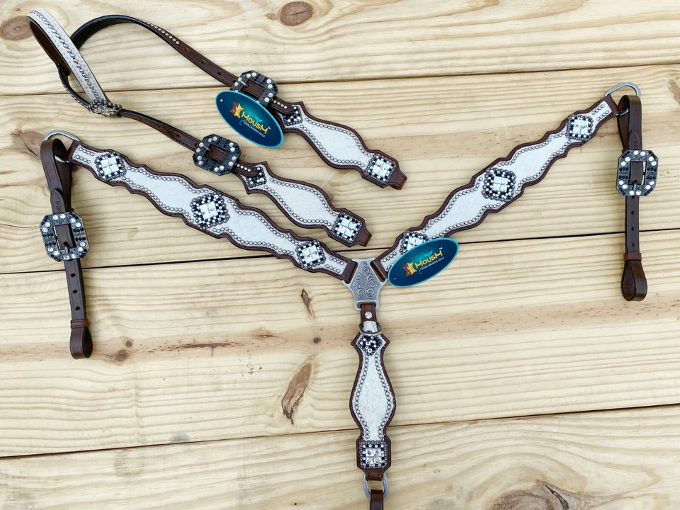 MOUSM Western Leather Headstall and Breast Collar Tack Set for Horses - White - Image 1 of 4