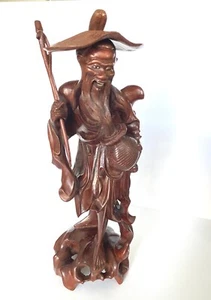 Antike handgeschnitzte Statue Mann mit Fisch um 1900 asiatische Kunst 12 Zoll Hongkong - Bild 1 von 7