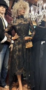 Vintage 1970s Bill Blass Nan Duskin Sheer Black Lace Hi-Low Party Dress - Picture 1 of 9