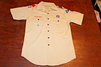 Boy Scouts of America BSA Men's Shirt Tan Medium 15-15 1/2 Sewn Patches - Image 1 of 4