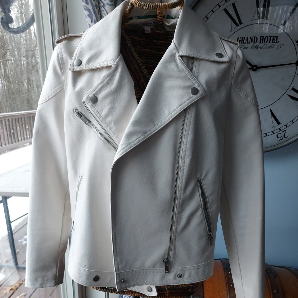 Chaqueta Nanette Lepore blanca imitación cuero cremallera diagonal talla 10 para mujer -  Foto 1 de 4