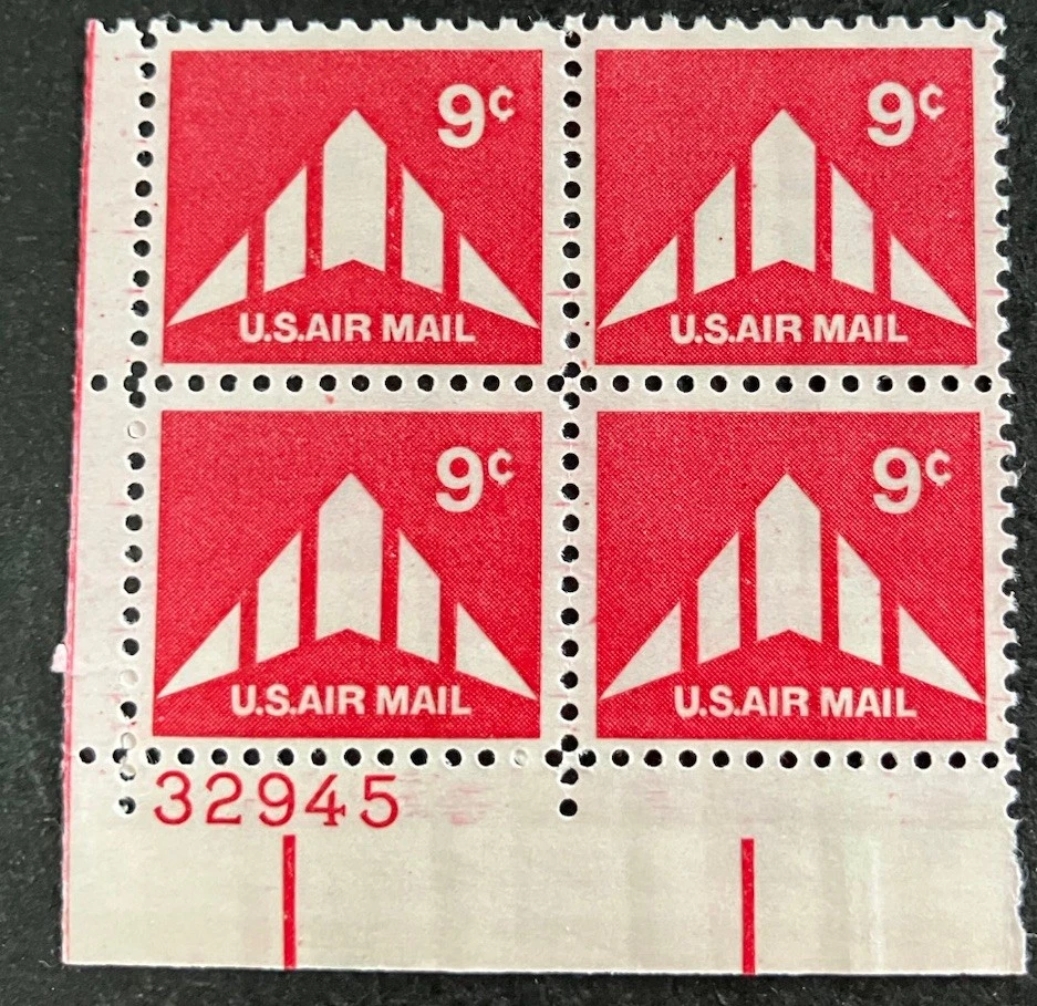 Futuristic Design Plane On A 9 Cent Airmail Block Issued In 1971. Scott’s C77 - Image 1 of 1