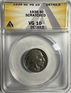 1936-P BUFFALO NICKEL - ANACS VG 10- Just Graded - Picture 1 of 4