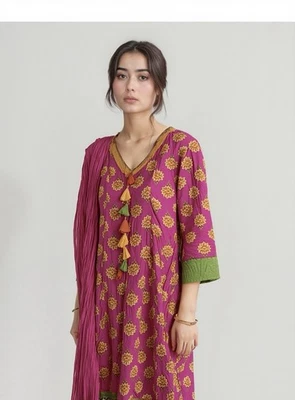 Biba cotton anarkali kameez churidaar dupatta pink floral block print tassels  - Image 1 of 4