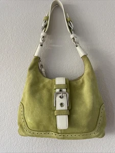Vintage Coach Hampton Handtasche grün Wildleder weiß Lederbesatz Schultertasche Beuteltasche Y2K - Bild 1 von 19
