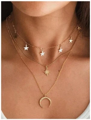 Halskette Multilayer Layer Stern & Mond Halbmond Quaste Himmel Anhänger Gold - Bild 1 von 4