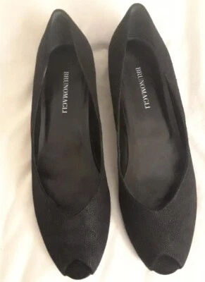 Bruno Magli novo feminino tamanho 11 peep-toe cunha baixa couro pebbled preto  - Imagem 1 de 3