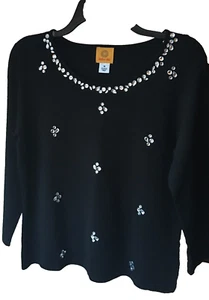 Ruby Rd Sweater women's Sz M Solid Black Embellish Scoop Neck &  Front - Picture 1 of 6