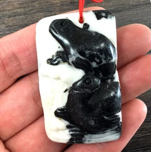 Natural Zebra Agate Carved Frog Pendant Bead 50x30x10mm - Picture 1 of 5
