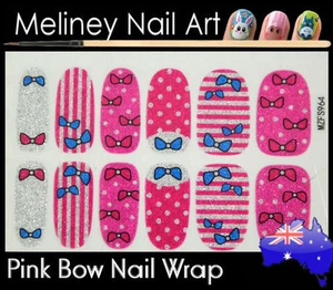Pink Bow tie Full Cover Glitter Nail Art Wraps Stickers Pattern Stripes - Foto 1 di 2