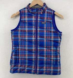 PATAGONIA Vest Girls M 10 Goose Down Puffer Plaid Full Zip Insulated Blue - Picture 1 of 13