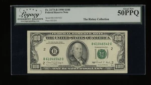 DBR 1990 $100 FRN New York Fr. 2173-B Legacy AU-50 PPQ Serial B61046542C - Picture 1 of 2