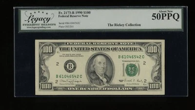 DBR 1990 $100 FRN New York Fr. 2173-B Legacy AU-50 PPQ Serial B61046542C - Image 1 of 2
