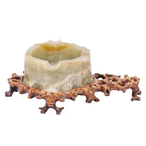 Antique Chinese Carved Green Jade Ashtray w Wooden Base 4" RARE! - Picture 1 of 12