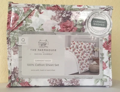 THE FARMHOUSE Rachel Ashwell Shabby Chic Queen Sheet Set Roses Lilac 100% Cotton - Image 1 of 4