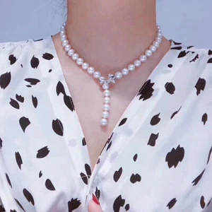 Classic AAA+ 8-9mm Natural Round White South Sea Pearl Necklace 21" - Picture 1 of 6