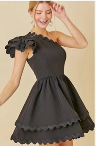 *Main Strip* One Shoulder ace of spade Black Scalloped Hem Mini Dress NWT- Sz M - Picture 1 of 7