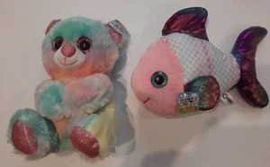 Bear + Fish Plush By Goffa Soft Toy Stuffed Animal Big Glitter Eyes 10" - Picture 1 of 10
