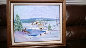 OIL PAINTING  Early Winter,or Country Winter. NAIVE ART STYLE.  SIGNED 16" by20" - Picture 1 of 5