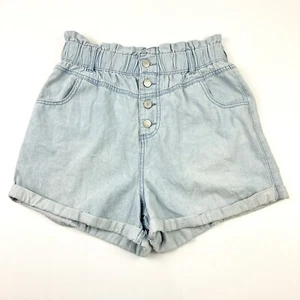 Dotti Light Blue Paperbag Denim Shorts Sz 10 High Rise Elastic Waist Rolled Hem - Picture 1 of 9