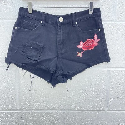 DENIM CLUB BLACK RIPPED SHORTS EMBROIDERY FLORAL PINK FRAY HEM Y2K UK 12 - Image 1 of 4
