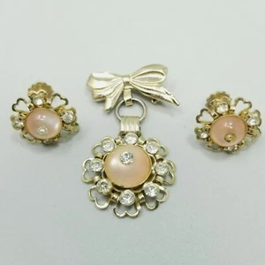 Set gioielli vintage rosa pesca strass lunare spilla clip orecchini - Foto 1 di 9