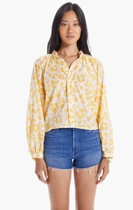 MOTHER Sunburst Yellow Leopard Floral Cotton Voile Puff Sleeve Blouse, Size L - Picture 1 of 16