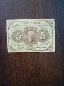 1862-3 US 5 CENTS POSTAGE CURRENCY NOTE-  WITH MONOGRAM & STRAIGHT EDGES-C.U.* - Picture 1 of 2