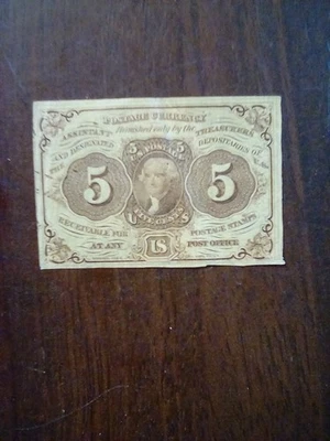 1862-3 US 5 CENTS POSTAGE CURRENCY NOTE-  WITH MONOGRAM & STRAIGHT EDGES-C.U.* - Image 1 of 2