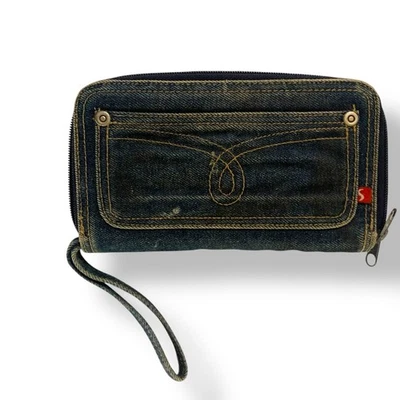Mujer Azul Jean Denim Cartera Bolso sin asas Muñequera Vintage Envejecido Años 90 Cremallera Alrededor Foto 1 de 4
