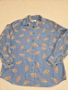 Camisa para mujer manga larga 💯 algodón denim abotonada con estampado de plumas occidental - Imagen 1 de 9
