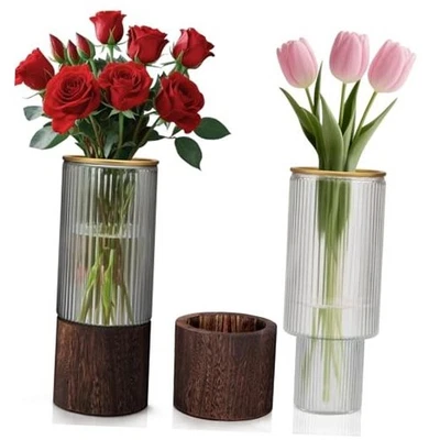 Glass Vase Set of 2 Vases for Flowers,10" H Ribbed Wood Glass Vase with Wooden  - Image 1 of 4