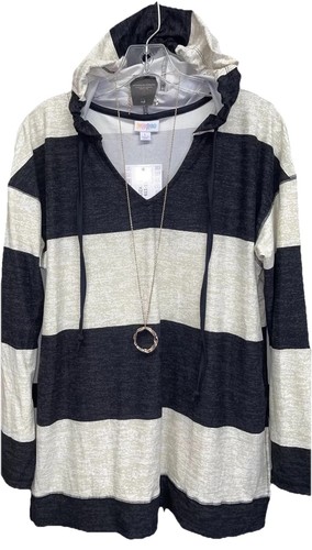 OFF WHITE Felpa con cappuccio manica lunga ELIZA a righe larghe nera e panna grande nuova con etichette LuLaRoe