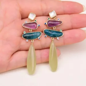 Natural Apatite Amethyst Yellow Jade Teardrop CZ Pave White Shell Stud Earrings - Picture 1 of 8