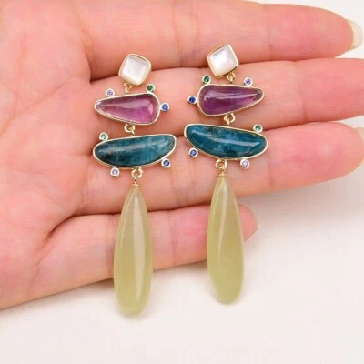 Natural Apatite Amethyst Yellow Jade Teardrop CZ Pave White Shell Stud Earrings - Image 1 of 4
