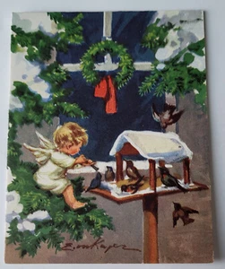 ERICA VON KRAGER BROWNIE WEIHNACHTSKARTE RUSTCRAFT ENGEL SPIELT HORN FÜR VÖGEL - Bild 1 von 3