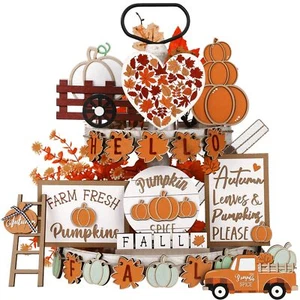 23 Pieces Fall Tiered Tray Decoration Set Thanksgiving Pumpkin Maple Leaf Tru... - Picture 1 of 7