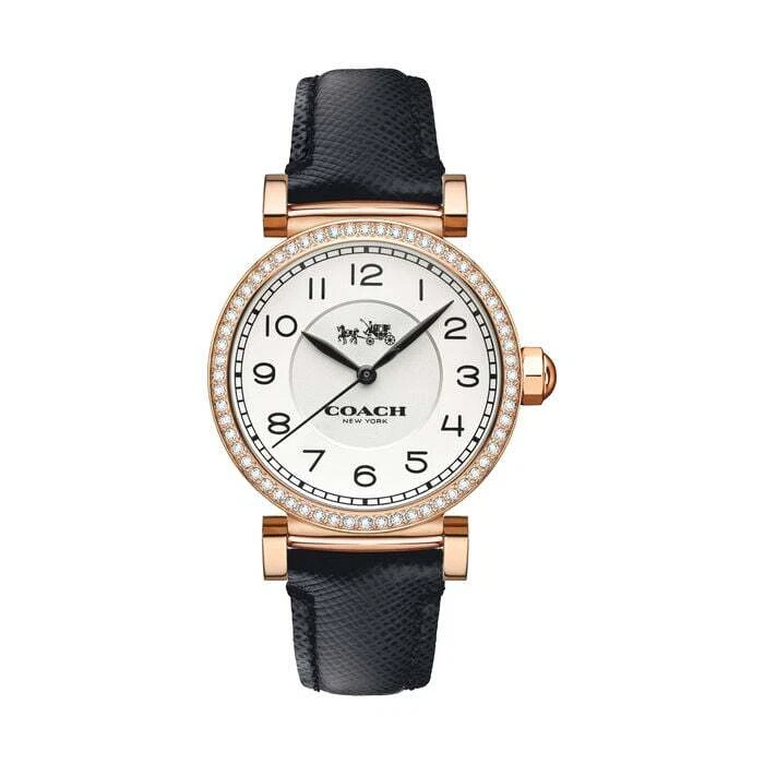Coach Women's Madison Black Leather Strap Glitz Rose Gold Watch 14503396