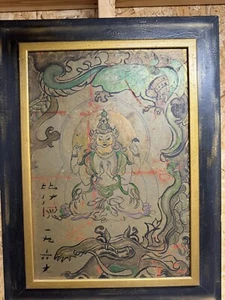 Vintage 38.4" Chinese Buddhism Wood Paintings 4 arms on wood - Picture 1 of 5