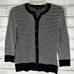 Ann Taylor Textured Cardigan Sweater Black White Crew Neck Button Up 3/4 Sleeve - Picture 1 of 6