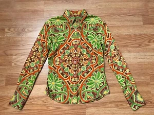 Robert Graham Button Up Shirt Womens 2 Green Orange Floral Embroider 100% Cotton - Picture 1 of 15