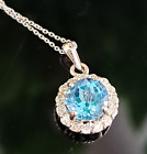 Swiss Blue Topaz & Diamonds 14k Solid White Gold Necklace (Pendant&Chain)